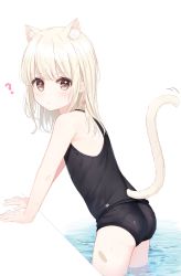 Rule 34 | 1girl, ?, animal ear fluff, animal ears, ass, bad id, bad twitter id, bandaid, bandaid on leg, black one-piece swimsuit, black school swimsuit, blonde hair, blush, bow, brown eyes, cat ears, cat tail, cowboy shot, from behind, from side, gachigachi, hair bow, hair ornament, highres, leaning forward, long hair, looking at viewer, looking back, motion lines, old school swimsuit, one-piece swimsuit, original, parfait (hawawa), pink bow, pool, poolside, school swimsuit, solo, swimsuit, tail, thighs, wading, water