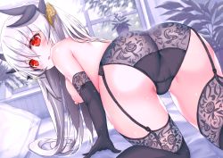 Rule 34 | 1girl, all fours, ass, black gloves, black horns, black thighhighs, breasts, commentary request, crotch seam, dutch angle, elbow gloves, fate/grand order, fate (series), flower, from behind, garter straps, gloves, hair ornament, horns, indoors, kiyohime (fate), kiyohime (third ascension) (fate), long hair, looking at viewer, looking back, medium breasts, morizono shiki, nipples, on bed, open mouth, plant, red eyes, smile, solo, thighhighs, topless, trefoil, underwear, underwear only, white hair, window