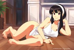 Rule 34 | 1girl, apron, artist name, bare arms, bare legs, bare shoulders, barefoot, black hair, blush, breasts, cleavage, commentary, earrings, english commentary, feet, full body, hairband, indoors, jewelry, large breasts, long hair, looking at viewer, lying, naked apron, on floor, on side, paid reward available, red eyes, sidelocks, smile, solo, spy x family, squeezable (squeezabledraws), toes, white apron, white hairband, yor briar