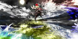 Rule 34 | 1girl, blonde hair, cloud, embodiment of scarlet devil, female focus, flying, from behind, full moon, kneehighs, moon, night, outstretched arms, rumia, scenery, socks, solo, spread arms, touhou, uki (room 405)