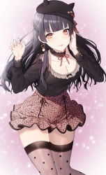 Rule 34 | 1girl, absurdres, animal print, arjent, beret, black hair, blouse, blunt bangs, bow, braid, breasts, choker, cleavage, earrings, fake horns, french braid, frilled choker, frilled shirt collar, frills, hat, heart, heart earrings, highres, horns, idolmaster, idolmaster shiny colors, jewelry, leopard print, long hair, looking at viewer, mayuzumi fuyuko, medium breasts, open mouth, polka dot, red eyes, ribbon, shirt, skirt, smile, solo, thighhighs, zettai ryouiki