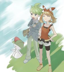 1boy 1girl artist_request bag blush brown_bag brown_hair closed_mouth creatures_(company) game_freak gen_3_pokemon green_eyes green_hair highres looking_up may_(pokemon) nintendo open_mouth pokemon pokemon_(creature) pokemon_oras ralts shadow standing wally_(pokemon)