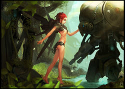 Rule 34 | 1girl, barefoot, forest, marc brunet, mecha, nature, overgrown, red hair, robot, solo