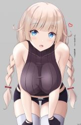 Rule 34 | 1girl, 2b14 (girls&#039; frontline), bare shoulders, belt, bent over, blonde hair, blue eyes, blue shorts, blunt bangs, braid, breasts, breasts squeezed together, collarbone, covered collarbone, cowboy shot, girls&#039; frontline, gloves, grey background, hands on own thighs, hanging breasts, heart, highres, keenh, large breasts, long hair, looking at viewer, lowleg, lowleg shorts, midriff, navel, open mouth, purple sweater, ribbed sweater, short shorts, shorts, sideboob, signature, simple background, skindentation, sleeveless, sleeveless sweater, slit pupils, solo, sweater, sweater vest, taut clothes, taut sweater, thigh gap, thighhighs, thighs, translation request, twin braids, white thighhighs, wide hips