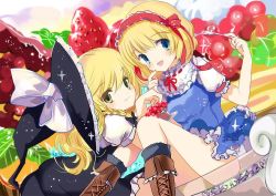 Rule 34 | 2girls, alice margatroid, bad id, bad twitter id, blonde hair, blue dress, blue eyes, blush, boots, bow, braid, cierra (ra-bit), cup, dress, food, fork, frills, fruit, hair bow, hair ornament, hairband, hat, hat ribbon, in container, in cup, jpeg artifacts, kirisame marisa, long hair, looking at viewer, multiple girls, open mouth, puffy sleeves, ribbon, short hair, short sleeves, side braid, single braid, sitting, smile, sparkle, strawberry, touhou, upskirt, vest, witch hat, yellow eyes