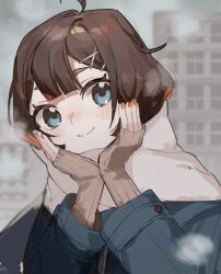 Rule 34 | 1girl, ahoge, blue coat, blue eyes, blush, brown hair, brown sweater, closed mouth, coat, hair ornament, hamelon310, happy, highres, hod (project moon), library of ruina, looking at viewer, orange nails, project moon, scarf, smile, solo, sweater, upper body, white scarf, x hair ornament