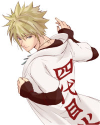 Rule 34 | 1boy, blonde hair, blue eyes, cape, from behind, jewelry, looking at viewer, looking back, male focus, namikaze minato, naruto, naruto (series), necklace, solo, terragin