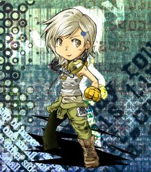 Rule 34 | 1girl, bad id, bad pixiv id, boots, brown eyes, chibi, clothes around waist, ear protection, gloves, hair ornament, hairclip, headset, jousan, jumpsuit, metal gear (series), metal gear rising: revengeance, name tag, parted bangs, silver hair, striped, sunny emmerich, swept bangs, tank top