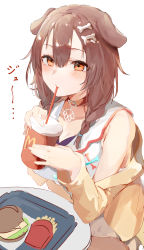 Rule 34 | 1girl, absurdres, animal ears, blue bow, blush, bone hair ornament, bow, braid, brown eyes, brown hair, buttons, cup, dog ears, dog girl, dog tail, dogxfish, dress, drinking straw, food, hair between eyes, hair down, hair ornament, hair over shoulder, hairclip, highres, holding, holding cup, hololive, inugami korone, inugami korone (1st costume), jacket, long hair, looking at viewer, low twin braids, mcdonald&#039;s, off shoulder, open clothes, open jacket, red bow, short dress, side braids, sidelocks, sleeveless, sleeveless dress, solo, tail, twin braids, virtual youtuber, white dress, yellow jacket