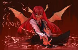 Rule 34 | 1girl, bat wings, black skirt, black vest, book, collared shirt, commentary request, cowboy shot, demon girl, hair between eyes, head wings, holding, holding book, kijima (amayadori-tei), koakuma, long hair, long sleeves, looking at viewer, magic, magic circle, necktie, open mouth, red eyes, red hair, red necktie, shirt, skirt, skirt set, smile, solo, touhou, vest, white shirt, wings
