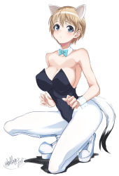 Rule 34 | 1girl, animal ears, bad id, bad pixiv id, blonde hair, blue eyes, blush, breasts, cleavage, highres, large breasts, leotard, looking at viewer, momendoufu, nikka edvardine katajainen, nontraditional playboy bunny, pantyhose, playboy bunny, short hair, simple background, solo, strike witches, tail, weasel ears, weasel tail, white background, white pantyhose, world witches series