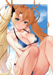 Rule 34 | 1girl, 2019, bare shoulders, bikini, black ribbon, blonde hair, blue bikini, blue eyes, blue sky, blush, border, bradamante (fate), braid, breasts, cleavage, closed mouth, collarbone, commentary request, crown braid, day, fate/grand order, fate (series), hair between eyes, hair ribbon, highres, knees up, large breasts, long hair, looking at viewer, ribbon, seiru (prairie), signature, sitting, sky, smile, solo, swimsuit, thighs, twintails, very long hair, white border