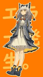 Rule 34 | 1girl, arknights, text background, black gloves, boots, brown eyes, closed mouth, dress, fixro2n, gloves, goggles, goggles around neck, grey footwear, grey hair, grey jacket, highres, jacket, long sleeves, looking away, open clothes, open jacket, orange background, outline, owl ears, ptilopsis (arknights), socks, solo, translation request, white dress, white outline, wide sleeves, yellow socks
