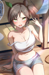 Rule 34 | 1girl, animal ears, arm support, bare arms, bare shoulders, blush, breasts, brown hair, cleavage, commentary request, crop top, green eyes, grey shorts, hand up, horse ears, ines fujin (umamusume), korokoro nekoz, looking at viewer, medium breasts, midriff, navel, open mouth, short hair, short shorts, shorts, side ponytail, sitting, solo, stomach, strap slip, tank top, tatami, thighs, umamusume, white tank top