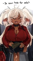 Rule 34 | 1girl, ahoge, ahoge wag, artificial vagina, black choker, black nails, black panties, black skirt, breasts, brown eyes, choker, cleavage, commentary, dark-skinned female, dark elf, dark skin, dildo, earrings, elf, english commentary, english text, expressive hair, fang, futanari, highres, holding, holding money, holding wallet, huge breasts, jewelry, jitome, long hair, mesugaki, money, multiple rings, nail polish, naughty face, original, panties, panty straps, penis, penis out, pointy ears, pov, red shirt, ring, sex toy, shirt, shortstack, skin fang, skirt, solo, two side up, underwear, veins, veiny penis, very long hair, wallet, when you see it, white hair, zanamaoria