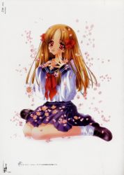 Rule 34 | 00s, 1girl, azuma hatsumi, blonde hair, bow, carnelian, cherry blossoms, flower, flower in mouth, hair bow, highres, loafers, long hair, long sleeves, looking at viewer, mouth hold, neckerchief, parted bangs, petals, pleated skirt, red bow, red eyes, scan, school uniform, serafuku, shoes, sitting, skirt, sleeves past wrists, socks, solo, wariza, white socks, yami to boushi to hon no tabibito