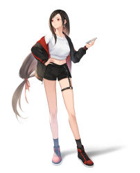 Rule 34 | 1girl, absurdres, black hair, black jacket, black shorts, breasts, cellphone, earrings, final fantasy, final fantasy vii, full body, hand on own hip, highres, jacket, jewelry, large breasts, long hair, low-tied long hair, medium breasts, midriff, mt (ringofive), phone, red eyes, red footwear, shirt, shoes, shorts, skirt, sneakers, solo, standing, tifa lockhart, white background, white shirt
