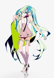 Rule 34 | 1girl, aqua eyes, aqua hair, bare shoulders, blush, breasts, detached sleeves, dress, full body, gloves, hand up, hatsune miku, headgear, heel up, high heels, long hair, looking at viewer, open mouth, reflection, sleeveless, sleeveless dress, small breasts, sohin, solo, thighhighs, twintails, very long hair, vocaloid, white gloves, white thighhighs, zettai ryouiki