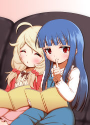 2girls ahoge blonde_hair blue_dress blue_hair book cardigan child couch dress closed_eyes finger_to_mouth highres hosizora_mikoto idolmaster idolmaster_cinderella_girls long_hair looking_at_viewer low_twintails multiple_girls open_mouth pink_skirt reading red_cardigan red_eyes sajo_yukimi shirt shushing sitting skirt smile twintails white_shirt yusa_kozue