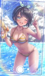 Rule 34 | 1girl, absent, absurdres, bikini, blue eyes, blue hairband, blue sky, blush, breasts, brown hair, cleavage, cloud, hairband, highres, holding, holding water gun, hololive, large breasts, looking at viewer, official alternate costume, one eye closed, oozora subaru, oozora subaru (hololive summer 2019), open mouth, polka dot hairband, short hair, sky, smile, solo, striped bikini, striped clothes, swimsuit, teeth, upper teeth only, v, virtual youtuber, wading, water, water gun, yellow bikini