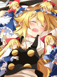 Rule 34 | 1girl, black vest, blonde hair, blue dress, blush, bow, bowtie, capelet, closed eyes, commentary request, doll, dress, hair bow, hat, highres, ichimura kanata, kirisame marisa, long hair, long sleeves, marisa day, open mouth, red bow, red bowtie, shanghai doll, sleeping, socks, solo, touhou, vest, white capelet, white socks, witch hat