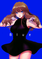 Rule 34 | 1girl, bare shoulders, blue background, blue eyes, breasts, brown hair, character name, closed mouth, creatures (company), game freak, gloves, green (pokemon), highres, large breasts, long hair, looking at viewer, medium breasts, mokorei, nintendo, open mouth, pokemon, pokemon adventures, sleeveless, smile, solo, white gloves