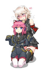 Rule 34 | &gt; &lt;, 2girls, :3, :d, > <, @ @, aged down, aiguillette, animal ears, armband, belt, bismarck (warship girls r), black gloves, black jacket, black legwear, black shirt, black skirt, blue eyes, blush, breasts, buttons, cat ears, closed mouth, cross, dress shirt, elbow gloves, epaulettes, closed eyes, fake animal ears, fang, flat chest, full body, gloves, headband, headphones, highres, iron cross, jacket, kneeling, looking at another, looking at viewer, miniskirt, multiple girls, open mouth, oversized clothes, pink hair, pink skirt, pleated skirt, red eyes, redauto, remodel (warship girls r), shirt, short hair, skirt, sleeveless, sleeves past wrists, smile, sweatdrop, thighhighs, tirpitz (warship girls r), warship girls r, white hair, white legwear, xd
