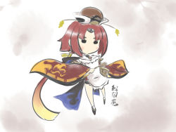 Rule 34 | 1girl, apron, benienma (fate), blush stickers, bow, chibi, commentary request, fate (series), feathers, full body, goma (gomasamune), hat, headpiece, highres, holding, holding spoon, long hair, long sleeves, ponytail, red hair, rice cooker, shamoji, rice stalk, shoes, short hair, solo, spoon, standing, translation request, wide sleeves