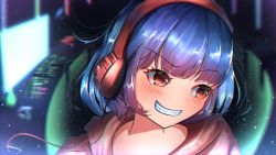 Rule 34 | 1girl, absurdres, blue hair, blurry, blurry background, blush, commentary, english commentary, grin, headphones, highres, indoors, light, looking away, monitor, multicolored hair, namizukuri, original, red eyes, screen, screen light, short hair, signature, smile, solo, two-tone hair