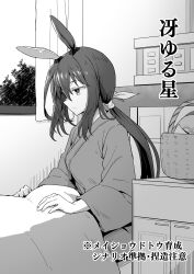 Rule 34 | 1girl, admire vega (umamusume), animal ears, basket, bed, blanket, comic, commentary request, cupboard, curtains, ear covers, greyscale, highres, horse ears, horse girl, hospital gown, indoors, infirmary, long hair, monochrome, single ear cover, sitting, starheart, translation request, umamusume, window