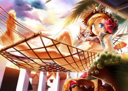 Rule 34 | 1girl, bad id, bad pixiv id, barefoot, bikini, bikini under clothes, blue eyes, blurry, breasts, building, cloud, cocktail umbrella, cup, depth of field, drink, drinking glass, feet, flower, food, from side, fruit, grapes, hair flower, hair ornament, hammock, hat, hibiscus, high collar, highres, holding, legs, light smile, long hair, long sleeves, long toenails, looking at viewer, looking back, navel, open clothes, open shirt, orange hair, original, outdoors, pinky out, print bikini, railing, reclining, see-through, shirt, side-tie bikini bottom, siloteddy, sky, small breasts, smile, soles, solo, straw hat, sunset, swept bangs, swimsuit, swimsuit under clothes, toenails, toes, white shirt, wine glass