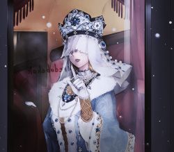 Rule 34 | 1girl, crown, gloves, identity v, index finger raised, jewelry, long sleeves, melly plinius, mirrored text, necklace, solo, train interior, upper body, utsuginoki, veil, white gloves