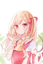 Rule 34 | 1girl, :/, alternate hair length, alternate hairstyle, ascot, blonde hair, blouse, blurry, blurry background, blush, bow, closed mouth, collared shirt, commentary request, crystal, flandre scarlet, flat chest, frilled shirt collar, frills, hair ribbon, hand in own hair, highres, long hair, looking at viewer, moko (mokochisa), nail polish, no headwear, one side up, outdoors, parted bangs, puffy short sleeves, puffy sleeves, red bow, red eyes, red nails, red ribbon, red vest, ribbon, shirt, short sleeves, solo, touhou, upper body, very long hair, vest, white shirt, wings, wrist cuffs, yellow ascot