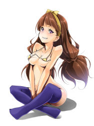 Rule 34 | 1girl, amanogawa kirara, bikini, bikini top only, blue thighhighs, blush, breasts, brown hair, clenched teeth, go! princess precure, hairband, highres, indian style, long hair, looking at viewer, precure, purple eyes, simple background, sitting, smile, solo, swimsuit, taiyaki a, teeth, thighhighs, twintails, white background