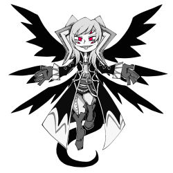Rule 34 | 1girl, belt, boots, coat, commentary, english commentary, extra eyes, fire emblem, fire emblem awakening, gloves, greyscale, grima (fire emblem), grin, horns, long sleeves, looking at viewer, monochrome, monsterification, multiple wings, nintendo, outstretched arms, red eyes, robin (female) (fire emblem), robin (fire emblem), setz, sharp teeth, simple background, smile, solo, spread arms, tail, teeth, white background, wings