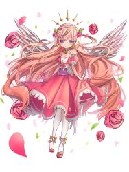 Rule 34 | 1girl, aurora (destiny child), bare shoulders, breasts, brown hair, destiny child, dress, earrings, flower, frilled dress, frills, hair flower, hair ornament, ibulhag, jewelry, long hair, looking at viewer, petals, pink dress, small breasts, white legwear, wings