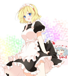 Rule 34 | 2girls, :d, absurdres, alice margatroid, alternate costume, apron, back bow, black dress, black eyes, blonde hair, blue eyes, blush, bow, breasts, clothes lift, commentary request, dress, enmaided, fang, frilled apron, frilled dress, frilled shirt collar, frills, gradient background, hat, hat ribbon, highres, ichimura kanata, looking at viewer, maid, maid apron, maid headdress, medium breasts, mob cap, multiple girls, open mouth, puffy short sleeves, puffy sleeves, purple hair, red ribbon, remilia scarlet, ribbon, short hair, short sleeves, skirt, skirt lift, slit pupils, smile, standing, thighs, touhou, white apron, white bow
