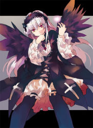 Rule 34 | 00s, 1girl, black dress, black thighhighs, bridal garter, dress, expressionless, frilled sleeves, frills, hairband, head tilt, letterboxed, lolita hairband, long sleeves, looking at viewer, pink eyes, rozen maiden, shaded face, shatiko, silver hair, solo, suigintou, thighhighs
