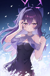 1girl absurdres bandaged_arm bandaged_neck bandages bandaid bandaid_on_face black_background blue_archive blue_background bow breasts cleavage clenched_teeth crying crying_with_eyes_open dress floating_hair gradient_background gro_(lee145879) hair_between_eyes hair_bow halo haruka_(blue_archive) haruka_(dress)_(blue_archive) highres holding holding_scissors injury long_hair medium_breasts official_alternate_costume purple_bow purple_dress purple_eyes purple_hair purple_halo scissors strapless strapless_dress tears teeth