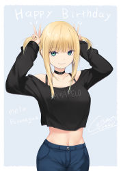 Rule 34 | 1girl, black shirt, blonde hair, blue background, blue pants, bra strap, choker, coffee-kizoku, double v, green eyes, happy birthday, highres, light smile, long hair, long sleeves, looking at viewer, mele retanagua, midriff, navel, off-shoulder shirt, off shoulder, original, pants, shirt, simple background, solo, twintails, twintails day, v