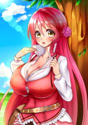 Rule 34 | 1girl, ao (ao 10bx), bag, blush, breasts, cleavage, cloud, day, flower, flower knight girl, geranium (flower knight girl), hair flower, hair ornament, half updo, huge breasts, long hair, looking at viewer, outdoors, red hair, shirt, sky, smile, solo, sweat, tree, upper body, white shirt, yellow eyes