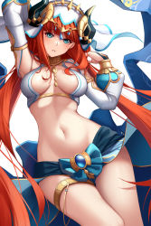 Rule 34 | 1girl, arm behind head, arm up, blue eyes, blue skirt, breasts, circlet, crop top, detached sleeves, dydydyok, forehead jewel, genshin impact, gold, highres, horns, jewelry, long hair, low twintails, medium breasts, navel, neck ring, nilou (genshin impact), parted lips, red hair, revision, skirt, solo, stomach, thighlet, thighs, twintails, veil, very long hair