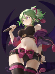 Rule 34 | 1girl, absurdres, bare shoulders, black background, black shirt, black shorts, black thighhighs, breasts, commentary request, cowboy shot, crop top, genshin impact, green hair, groin, hair between eyes, hand up, highres, holding, holding weapon, jacket, kuki shinobu, kunai, large breasts, midriff, mojideliangchen liangchen, navel, off shoulder, open clothes, open jacket, partial commentary, ponytail, purple eyes, purple jacket, reverse grip, shirt, short hair, short shorts, shorts, sleeveless, sleeveless shirt, solo, standing, stomach, thighhighs, thighs, weapon