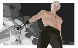Rule 34 | 1boy, abs, black gloves, black pants, blue eyes, dante (devil may cry), devil may cry (series), gloves, highres, holding, holding sword, holding weapon, jewelry, looking at viewer, male focus, mouth hold, muscular, muscular male, navel, necklace, nipples, pants, partially fingerless gloves, pectorals, short hair, solo, sword, teeth, topless male, weapon, white hair, yaoyao794