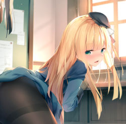 Rule 34 | 1girl, ass, bent over, beret, black hat, black pantyhose, blonde hair, blue eyes, blue sweater, blush, chen bin, closed mouth, fate (series), gloves, green eyes, hat, long hair, long sleeves, looking at viewer, looking back, lord el-melloi ii case files, open mouth, pantyhose, parted lips, reines el-melloi archisorte, smile, solo, sweater, thighband pantyhose, thighs, window