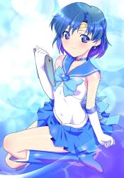 Rule 34 | 1girl, back bow, bishoujo senshi sailor moon, blue choker, blue eyes, blue hair, blue sailor collar, blue skirt, boots, bow, choker, circlet, clenched hand, earrings, elbow gloves, gloves, highres, himewachi, jewelry, magical girl, mizuno ami, sailor collar, sailor mercury, sailor senshi uniform, short hair, skirt, smile, solo, white gloves