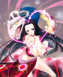 Rule 34 | 1girl, amazon lily, amazon warrior, black hair, blue eyes, boa hancock, breasts, cleavage, earrings, foreshortening, heart, highres, jewelry, large breasts, long hair, midriff, nail polish, navel, one piece, ri-ko, salome (one piece), side slit, skull, snake