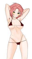 Rule 34 | 1girl, absurdres, arms behind head, bikini, breasts, dragon girl, dragon tattoo, granberia, highres, lafeto, medium breasts, mon-musu quest!, monster girl, navel, open mouth, red hair, short hair, solo, swimsuit, tattoo, yellow eyes