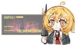 Rule 34 | 1girl, 1other, ahoge, black coat, blonde hair, bob cut, coat, collared shirt, don quixote (project moon), english text, hair between eyes, holding, holding polearm, holding weapon, lance, limbus company, matoubaa, necktie, polearm, project moon, red necktie, shirt, short hair, simple background, weapon, white background, white shirt, yellow eyes