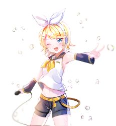 Rule 34 | 1girl, ;d, bad id, bad pixiv id, belt, belt buckle, black sailor collar, black shorts, black sleeves, blonde hair, blush, buckle, commentary request, detached sleeves, hair ornament, hair ribbon, hairclip, head tilt, headphones, holding, holding microphone, kagamine rin, long sleeves, microphone, midriff, navel, one eye closed, open mouth, orange belt, outstretched arm, ribbon, sailor collar, school uniform, seno (senohime), serafuku, shirt, short shorts, shorts, simple background, sleeveless, sleeveless shirt, smile, solo, standing, swept bangs, teeth, upper teeth only, v, vocaloid, water drop, white background, white ribbon, white shirt